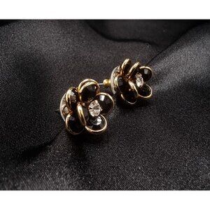 Vintage 1990s Swarovski Black & Gold Flower Crystal Stud Earrings